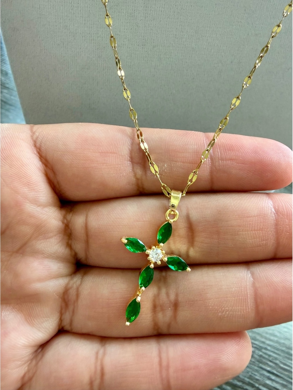 Green Marquise Cross 18K Gold Plated Necklace